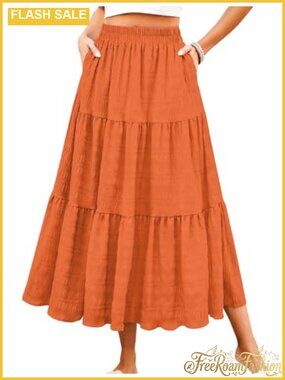 Women's Smocked Tiered Maxi Skirt High Waisted A-Line Flowy with Pockets